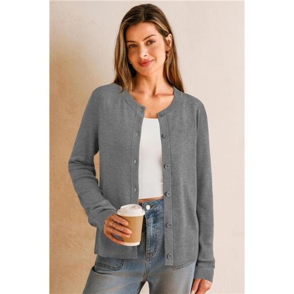 Women's Wool Blended Cardigan Sweaters Lightweight Grey - Picture 2 of 6